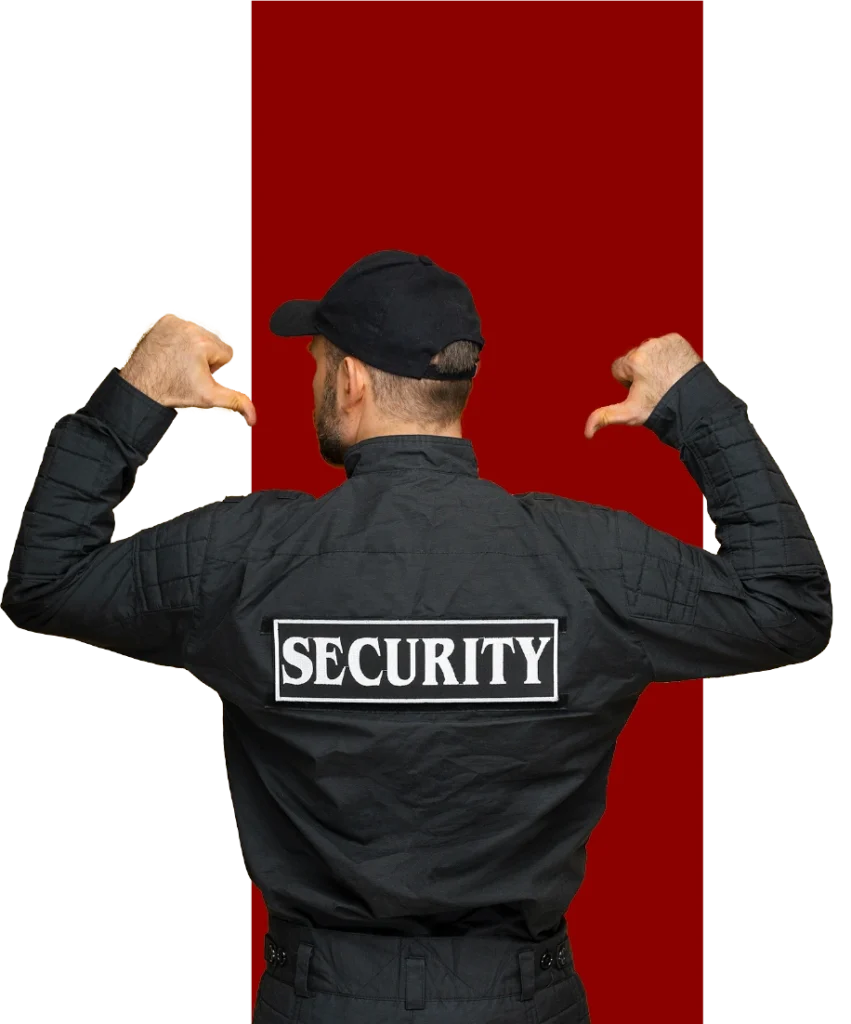Security man pointing to his back written security