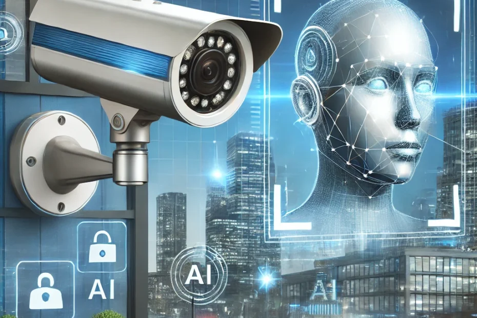 AI-powered security technology with facial recognition and a cityscape in brand colors of blue and white, symbolizing innovation in the security industry.