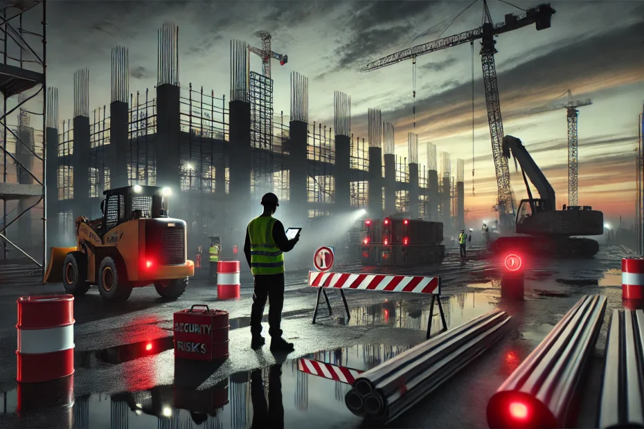 ecure construction site in Los Angeles with realistic security personnel and construction workers