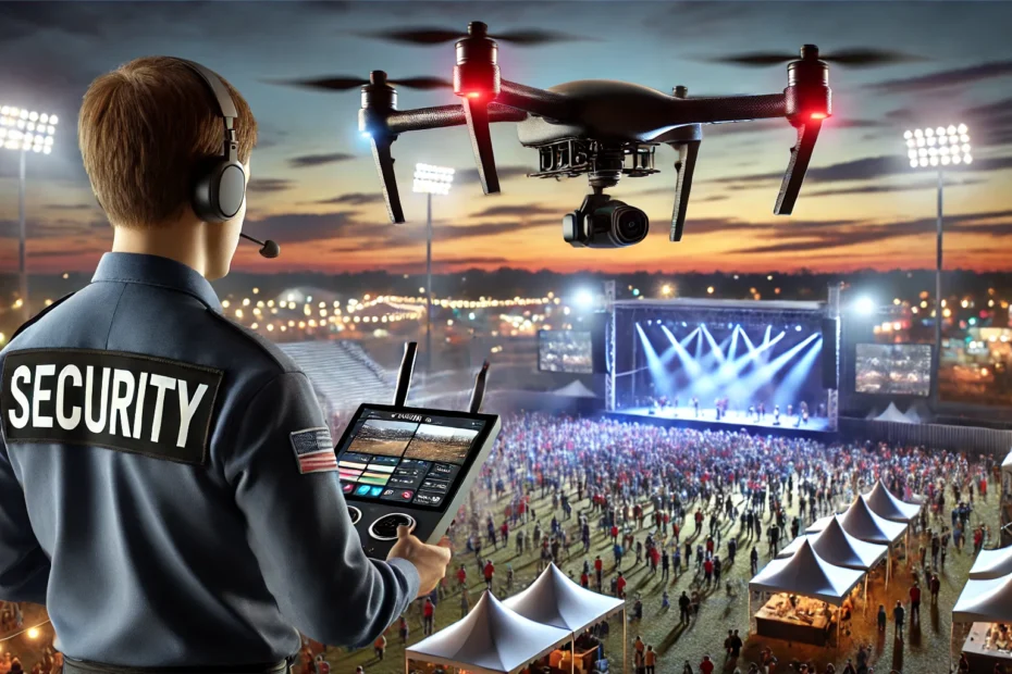 Drone flying above an outdoor event at dusk, with a security officer monitoring a clear video feed on a tablet