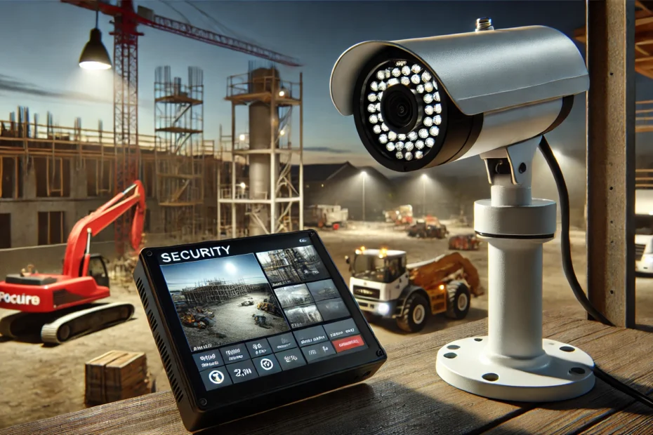 Advanced surveillance camera monitoring a construction site during the evening, with machinery and partially built structures in the background