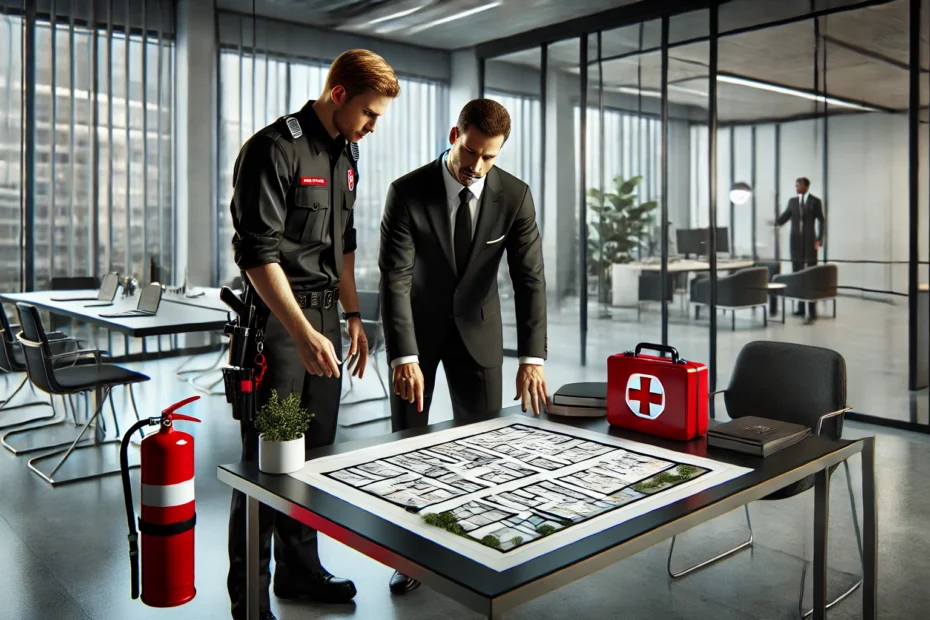 Property manager and security expert reviewing an emergency response plan in a modern office with emergency equipment nearby