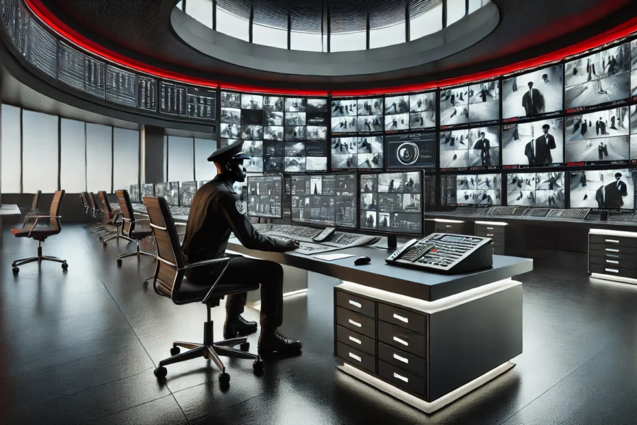 Security professional analyzing surveillance footage in a modern control room