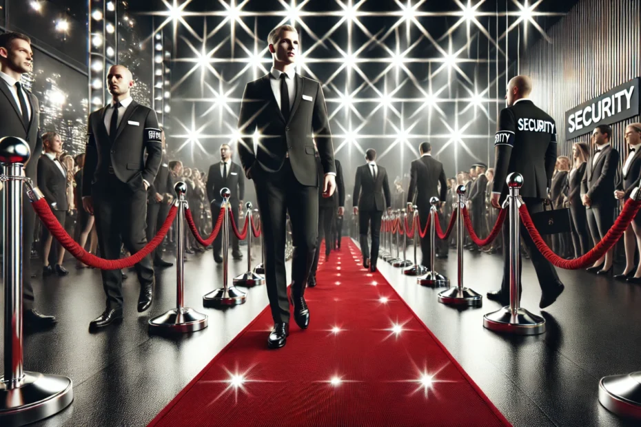 Glamorous red carpet event with security personnel ensuring safety