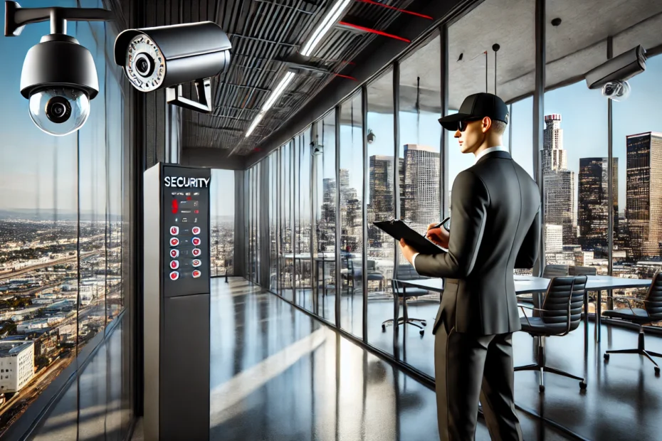 Security auditor inspecting a camera at a Los Angeles business with a modern office and skyline in the background