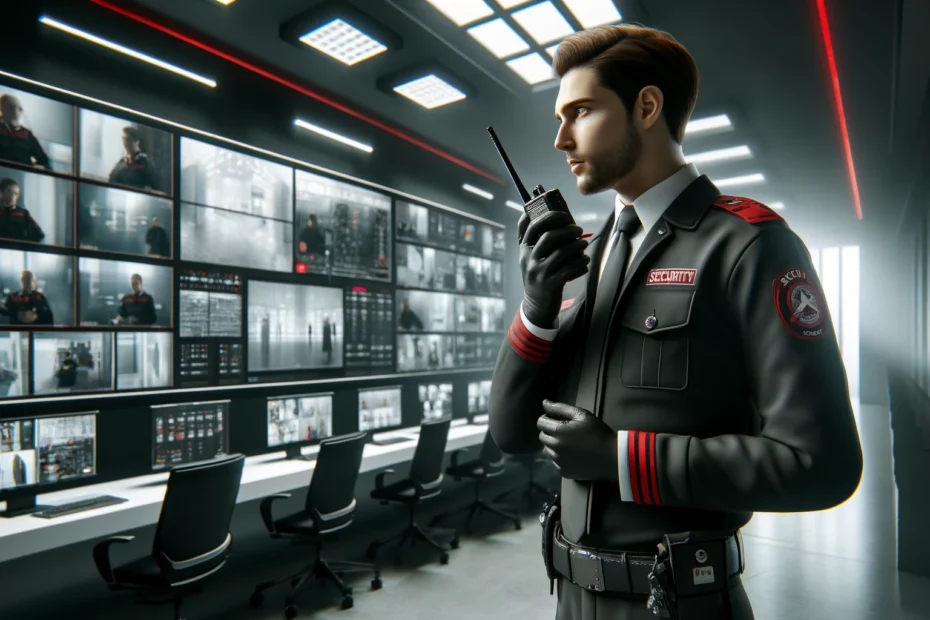 Professional security officer using a walkie-talkie in a modern control room with surveillance screens