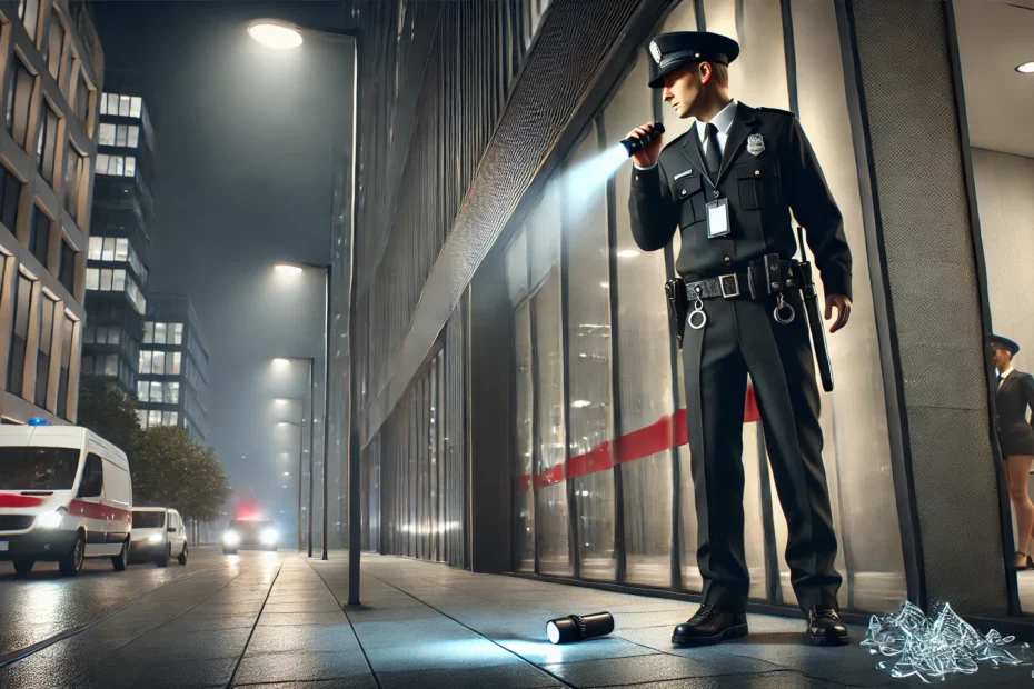 Security guard patrolling an urban area at night to prevent vandalism