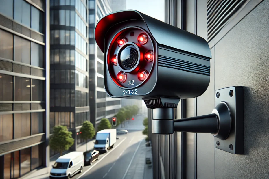 Sleek smart security camera with glowing red LED indicators mounted on a building