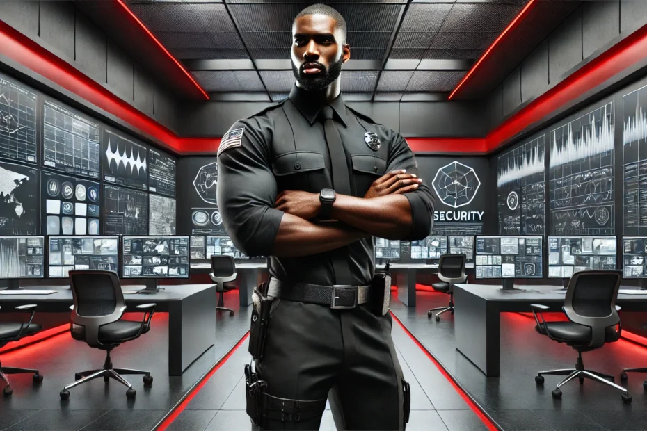 security guard in a sleek uniform standing in a high-tech security control room